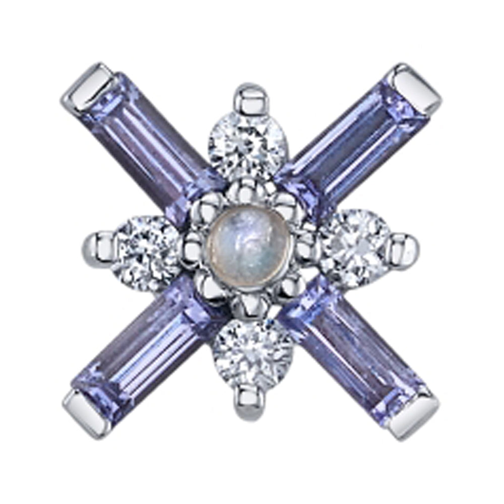 "Kaneda" Threaded End in Gold with Tanzanite, Diamond & Rainbow Moonstone Cabochon