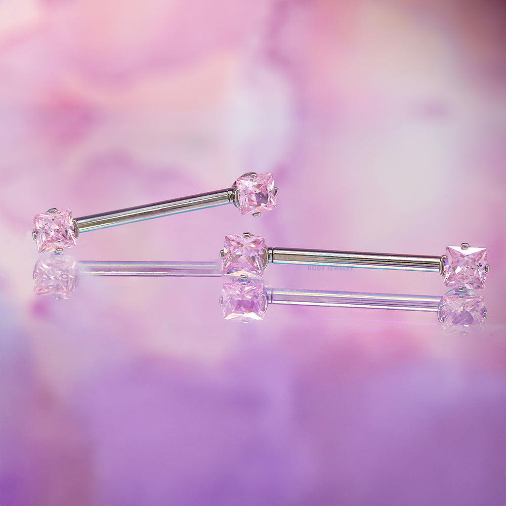 Princess-Cut Faceted Gem Forward Facing Nipple Barbell in 4-Prong's - pair