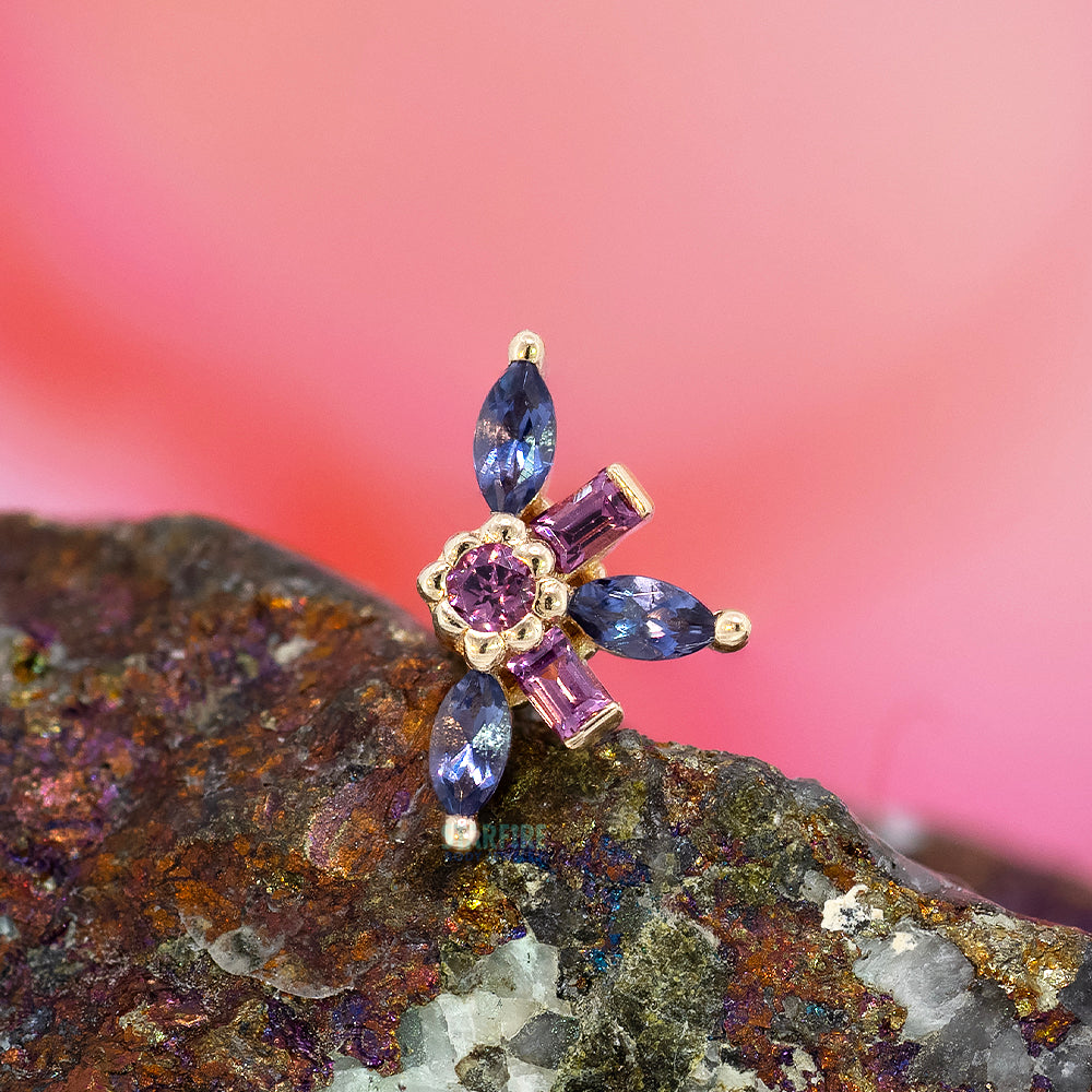 "Half Nayru" Threaded End in Gold & Platinum with Rhodolite & Iolite