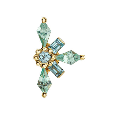 "Half Akira" Threaded End in Gold & Platinum with Swiss Blue Topaz & Chatham Chrysoberyl