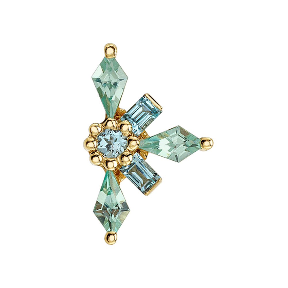 "Half Akira" Threaded End in Gold & Platinum with Swiss Blue Topaz & Chatham Chrysoberyl