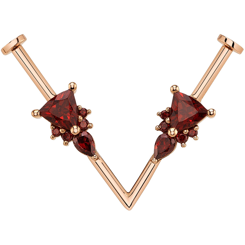 "Elspeth" V-Industrial Barbell in Gold & Platinum with Garnet