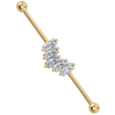 "Reina" Industrial Barbell in Gold with White CZ's