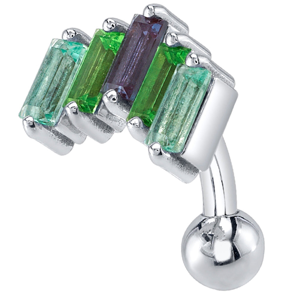 "Reina" Top Loader Navel Curve in Gold & Platinum with Mint Beryl, Tsavorite & Chatham Alexandrite