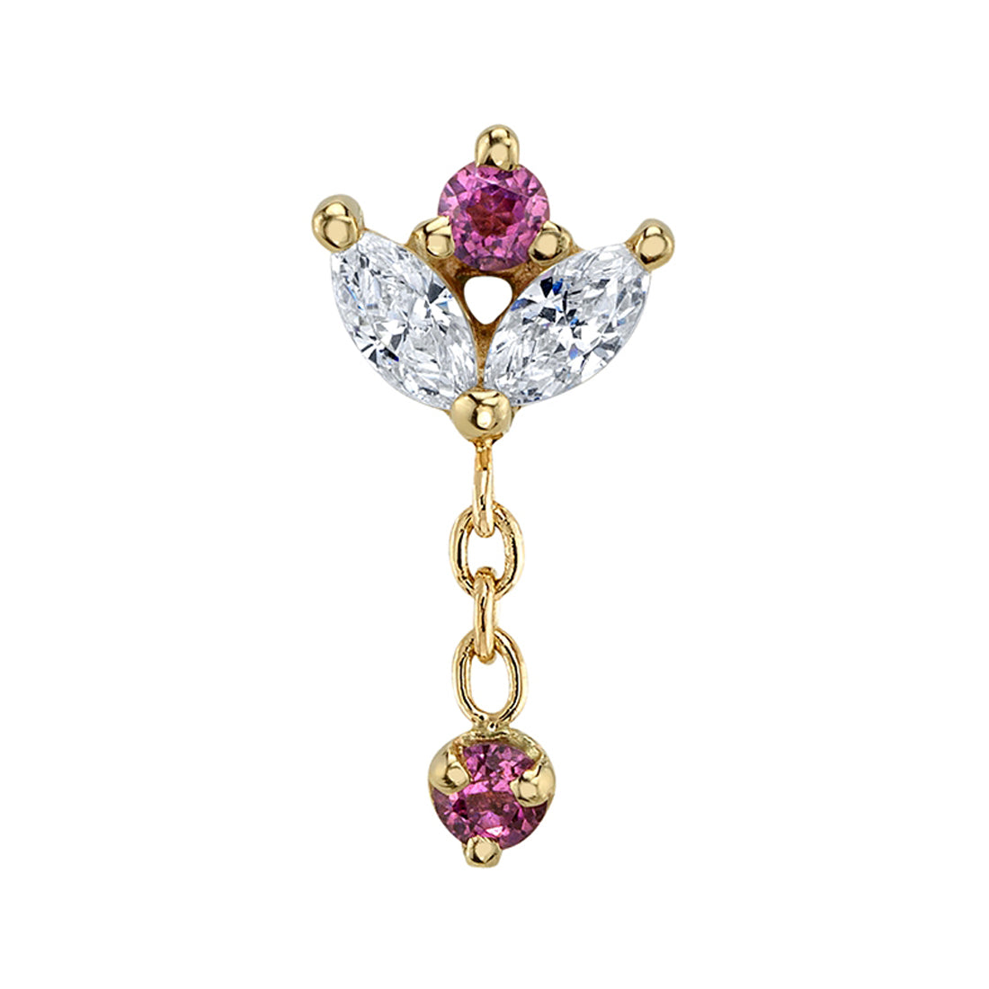 "Bloom Drop" Threaded End in Gold with White CZ & Rhodolite