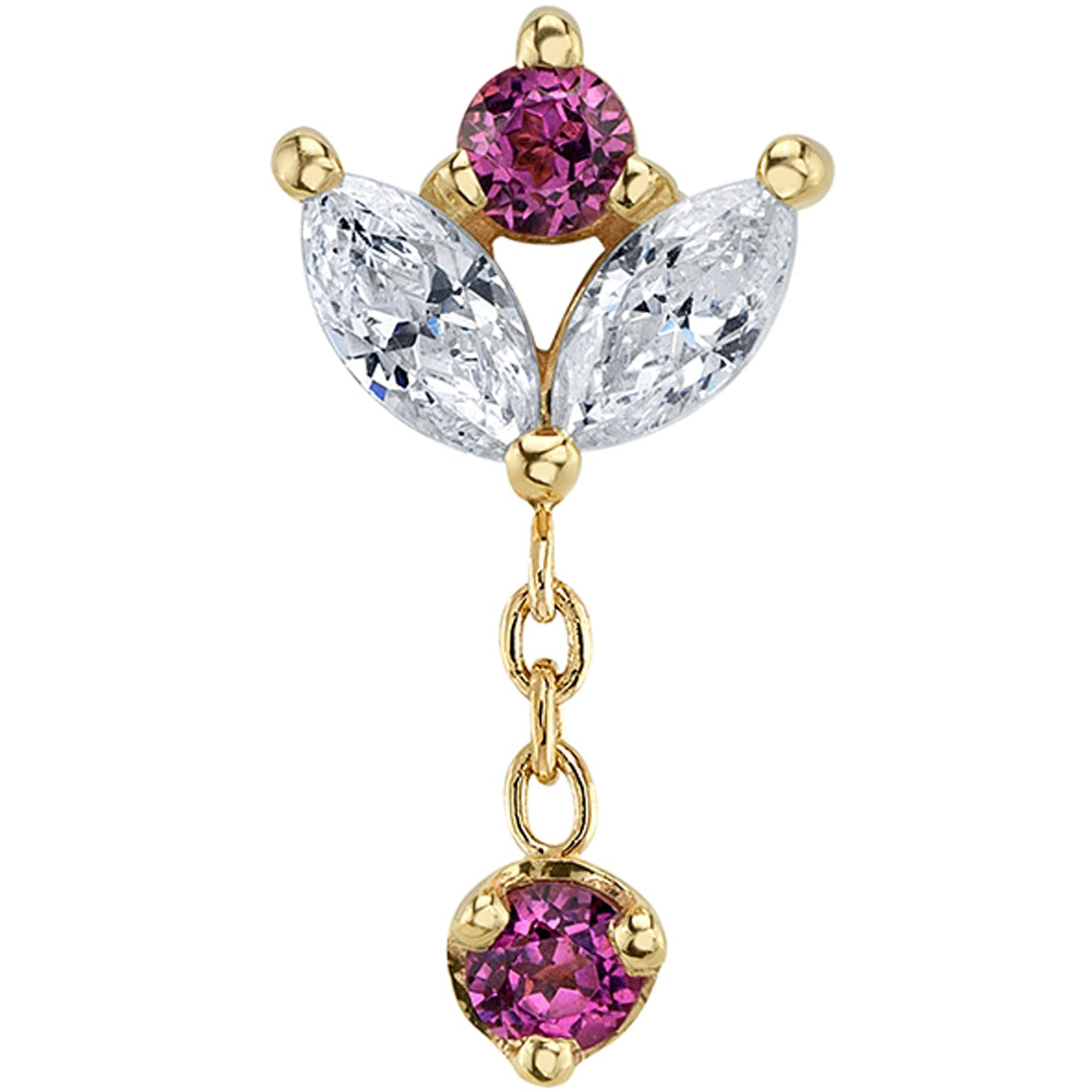 "Bloom Drop" Threaded End in Gold with White CZ & Rhodolite