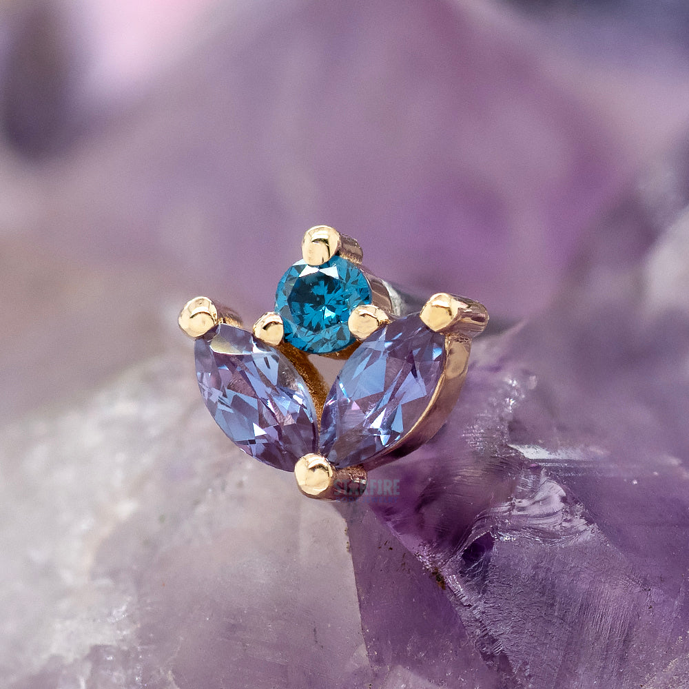 "Bloom" Threaded End in Gold & Platinum with Chatham Alexandrite & Ocean Blue Diamond