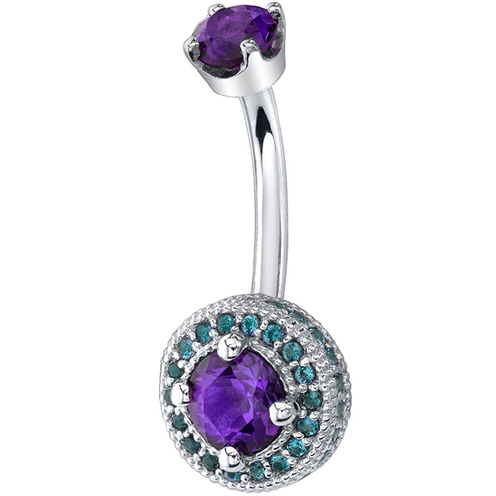 "Round Halo with Side Gems" Navel Curve in Gold with Amethyst & Polar Sapphires