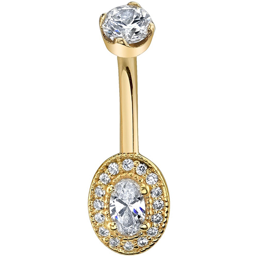 "Oval Halo" Navel Curve in Gold & Platinum with White CZ's