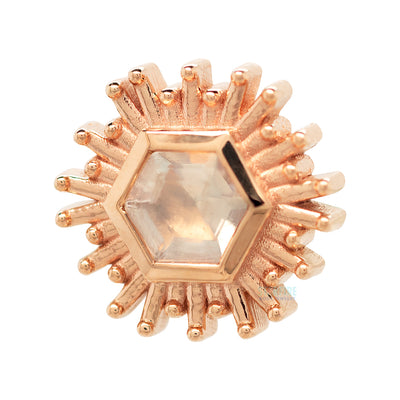"Hexagon Borderline" Threaded End in Gold with Faceted Rainbow Moonstone