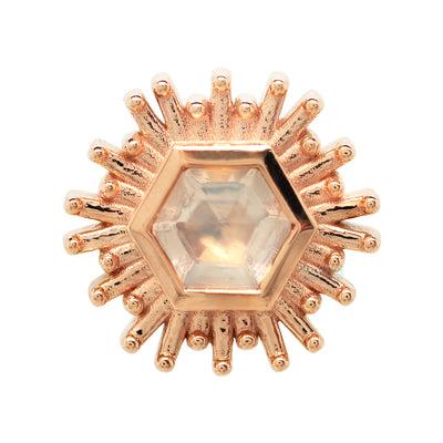 "Hexagon Borderline" Threaded End in Gold with Faceted Rainbow Moonstone