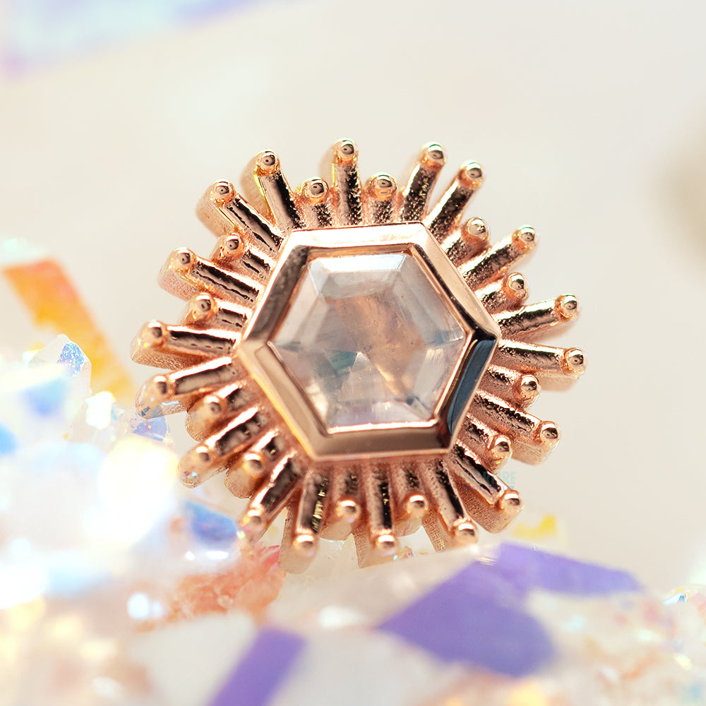 "Hexagon Borderline" Threaded End in Gold with Faceted Rainbow Moonstone