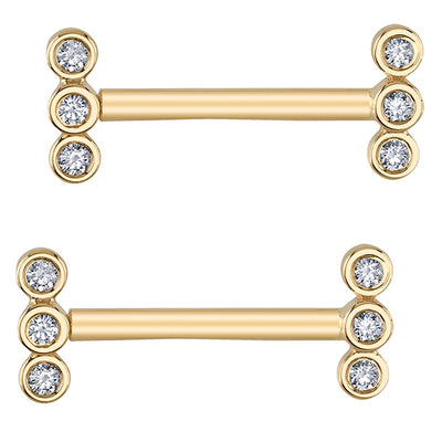 "Mallory" Forward Facing Nipple Barbells in Gold with Reverse Set White CZ's