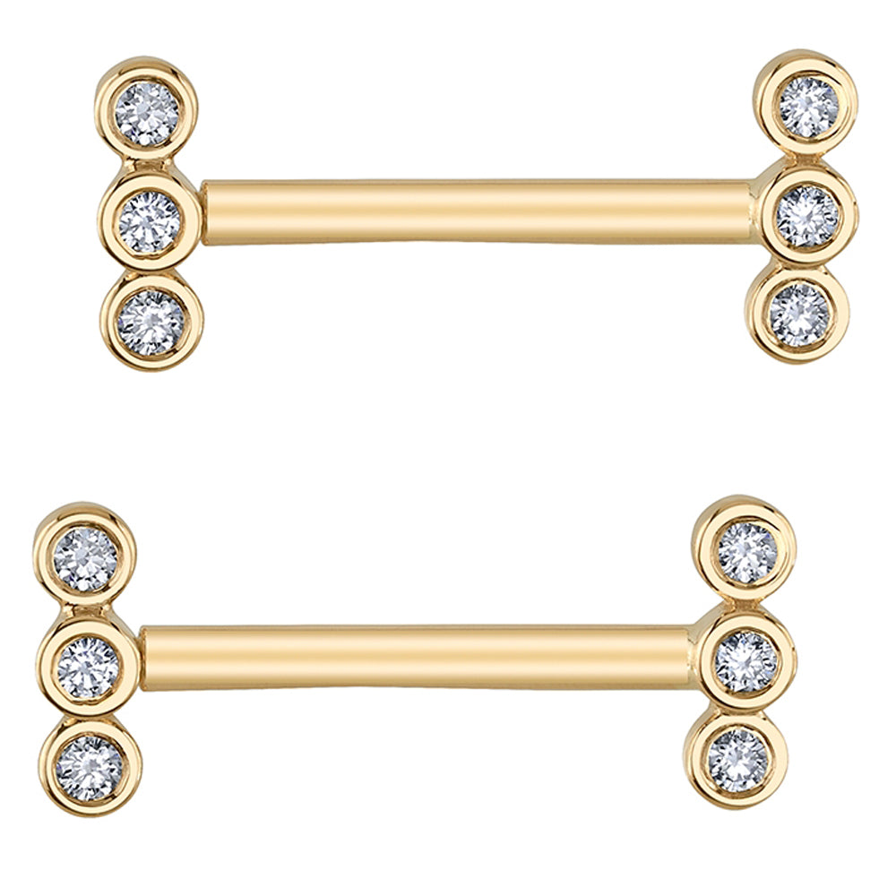 "Mallory" Forward Facing Nipple Barbells in Gold with Reverse Set White CZ's