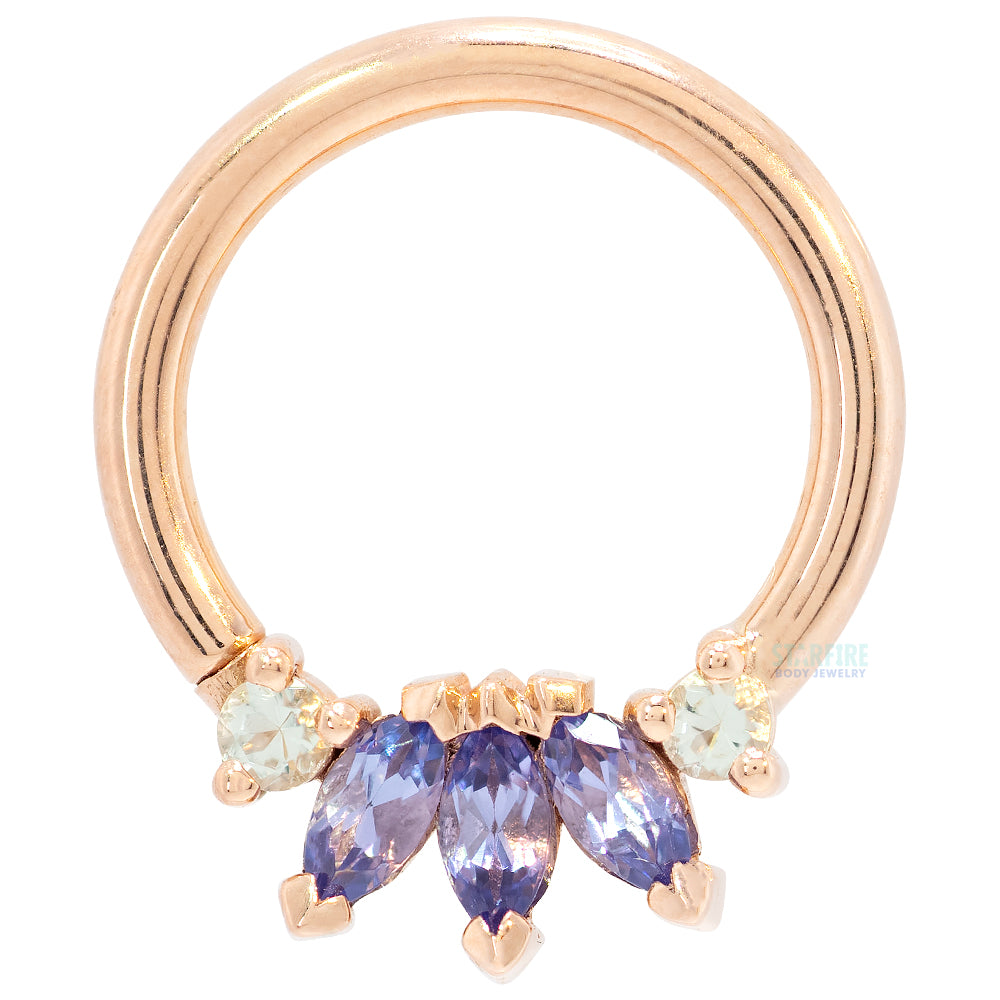"Thalia" Seam Ring in Gold & Platinum with Tanzanite & Mint Beryl
