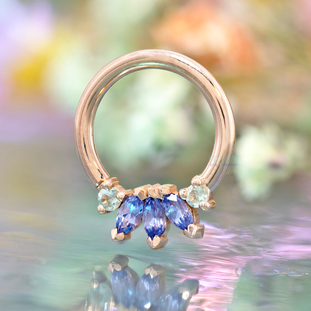 "Thalia" Seam Ring in Gold & Platinum with Tanzanite & Mint Beryl