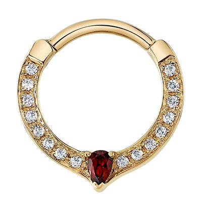 "Cherish Pear" Hinge Ring in Gold with White CZ & Garnet