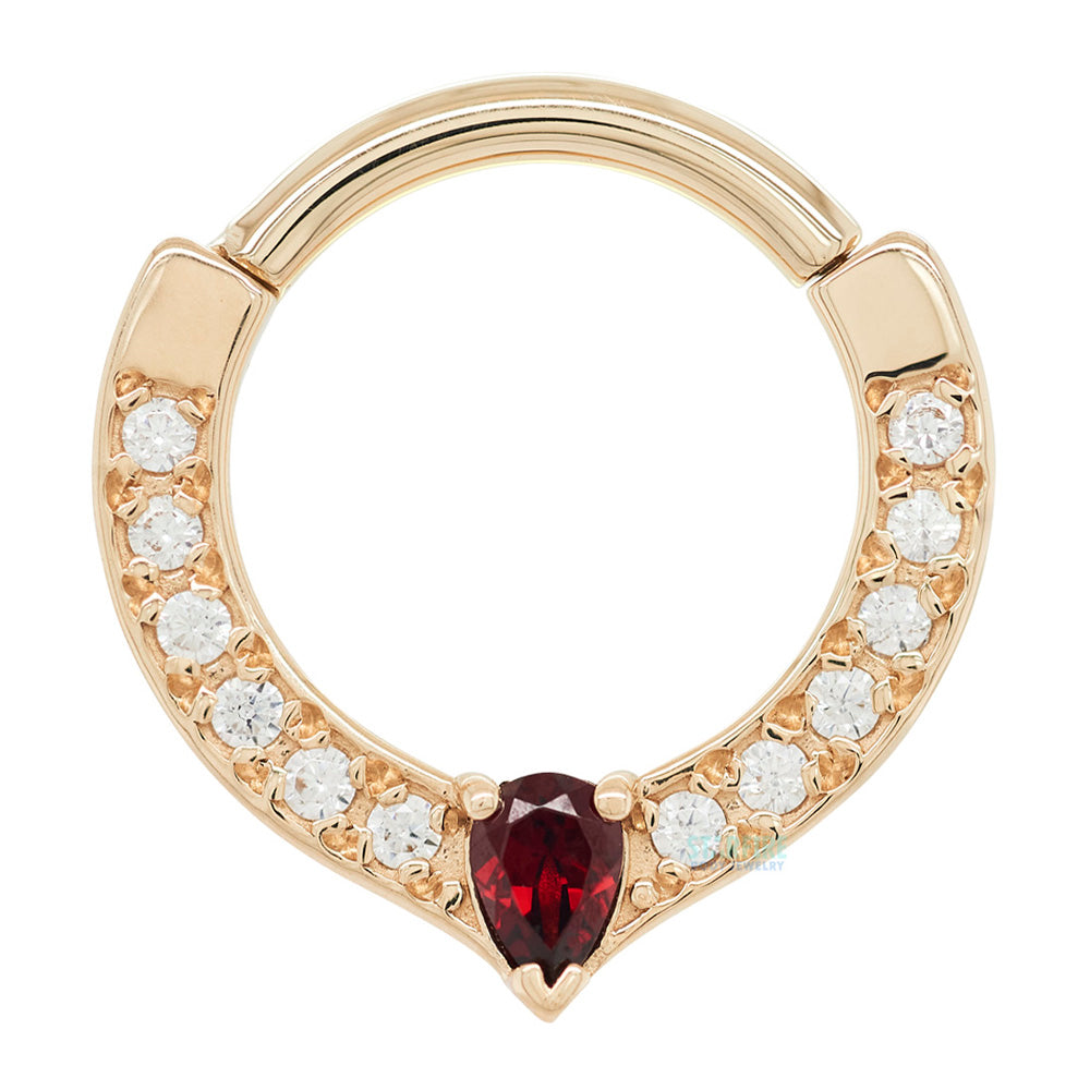 "Cherish Pear" Hinge Ring in Gold with White CZ & Garnet