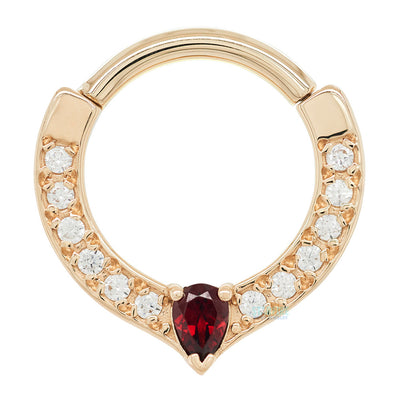 "Cherish Pear" Hinge Ring in Gold with White CZ & Garnet