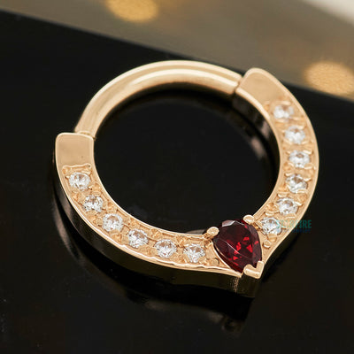 "Cherish Pear" Hinge Ring in Gold with White CZ & Garnet