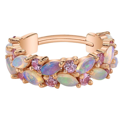 "Isabella" Hinge Ring in Gold with Genuine White Opal & Light Pink Sapphires