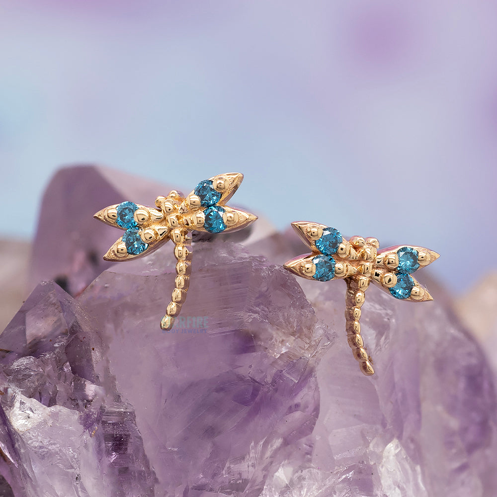 "Damselfly" Threaded End in Gold with Ocean Blue Diamonds
