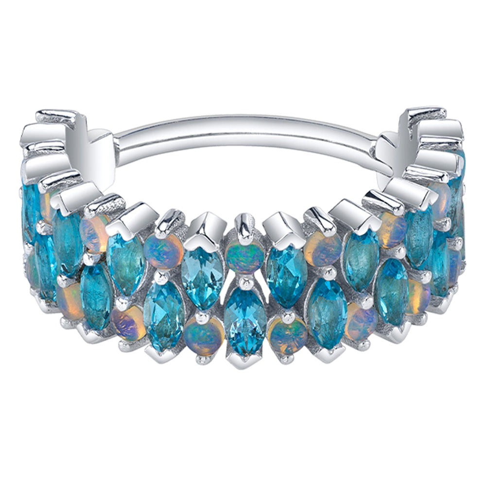 "2 Row Narrows" Hinge Ring in Gold & Platinum with Swiss Blue Topaz & Genuine White Opals