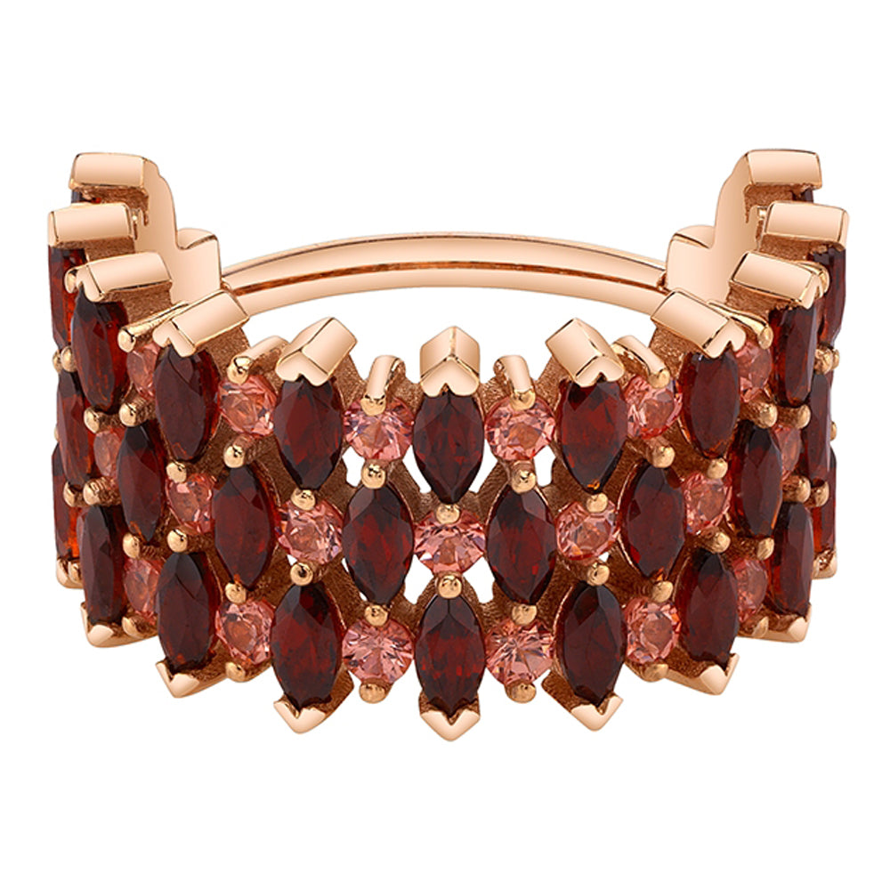 "3 Row Narrows" Hinge Ring in Gold & Platinum with Garnet & Padparadscha Sapphires