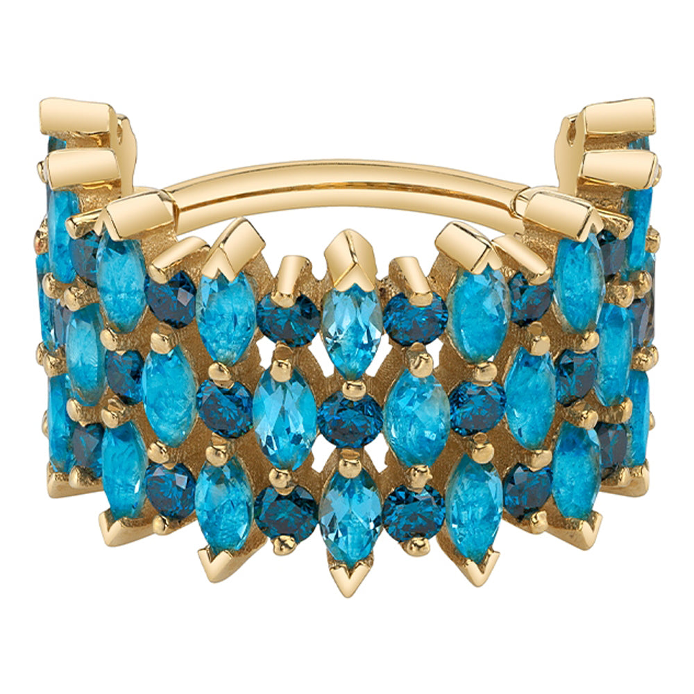"3 Row Narrows" Hinge Ring in Gold & Platinum with Swiss Blue Topaz & Ocean Blue Diamonds