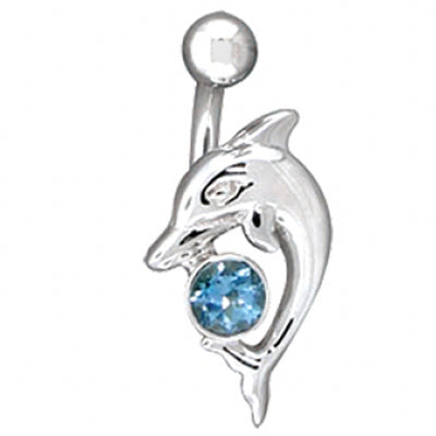 "Playful Dolphin" Navel Curve in Gold with Swiss Blue Topaz