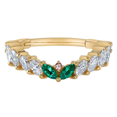 "Carmel" Hinge Ring in Gold with Chatham Emerald, Diamond, & Padparadscha Sapphire