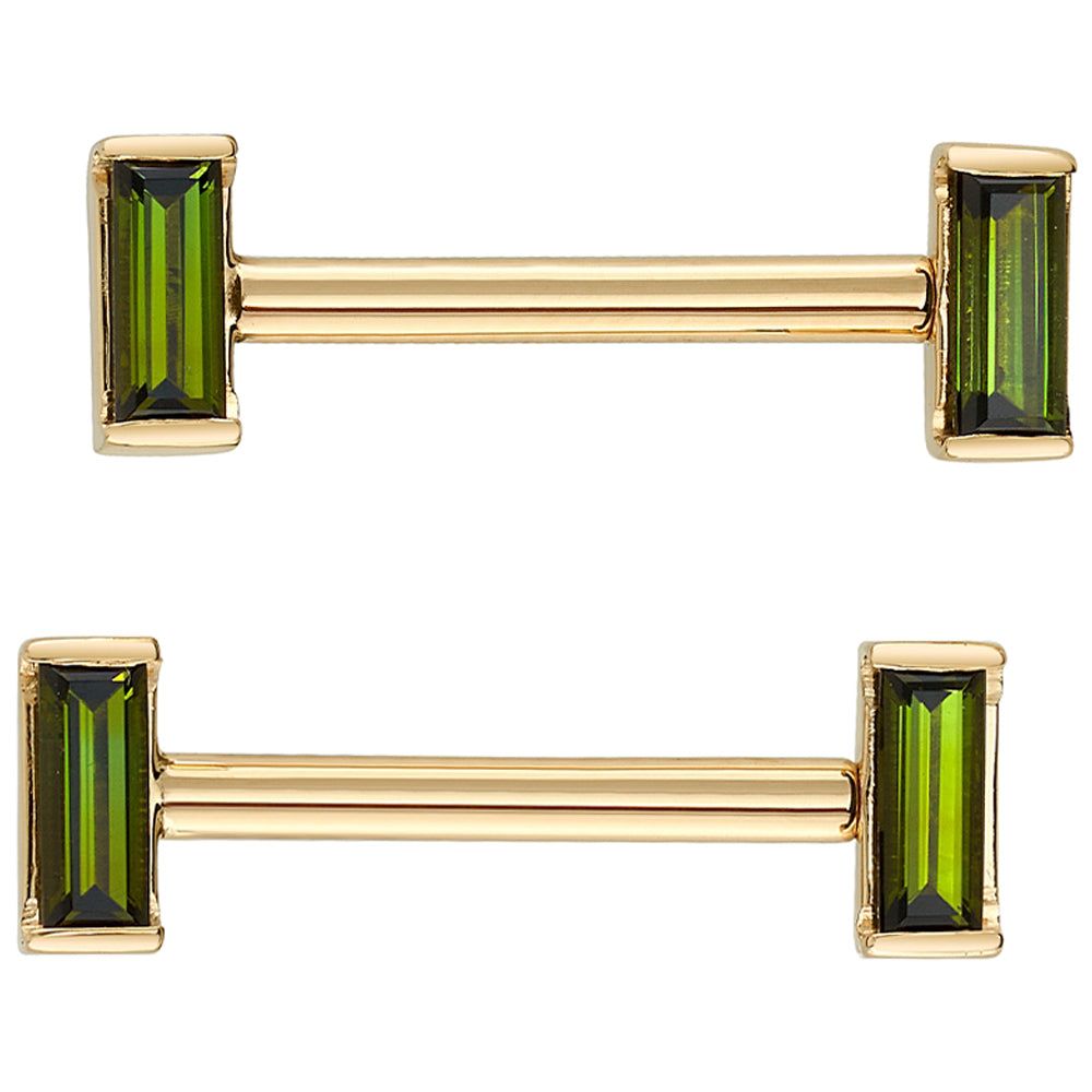 Baguette Bar Forward Facing Nipple Barbells in Gold with Green Tourmaline