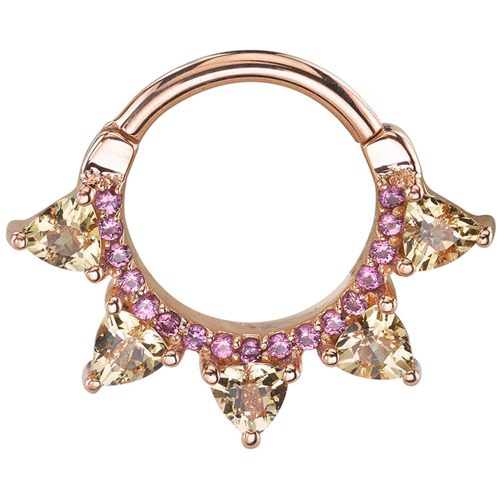 "Alpha" Hinge Ring in Gold with Champagne Sapphire & Rhodolite