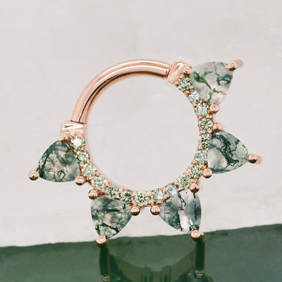 "Alpha" Hinge Ring in Gold with Moss Agate & Pine Green Diamonds