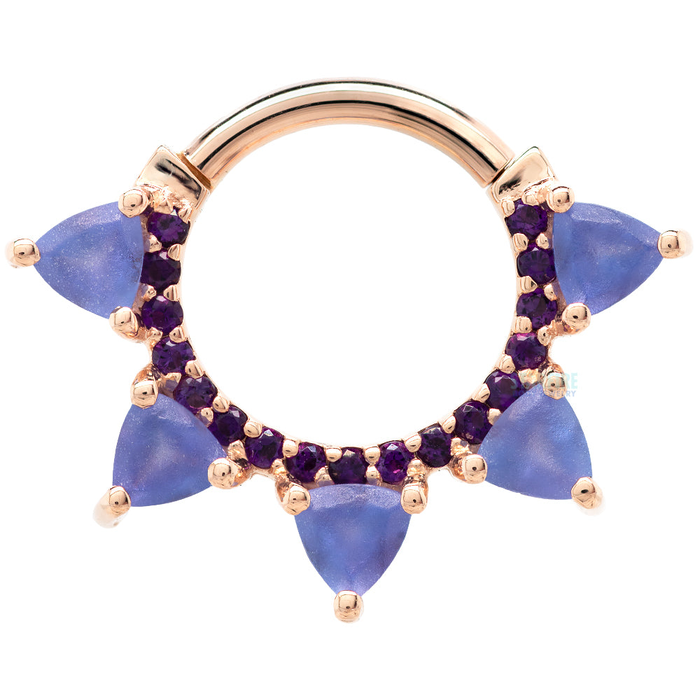 "Alpha" Hinge Ring in Gold with Sandblasted Tanzanite & Amethyst
