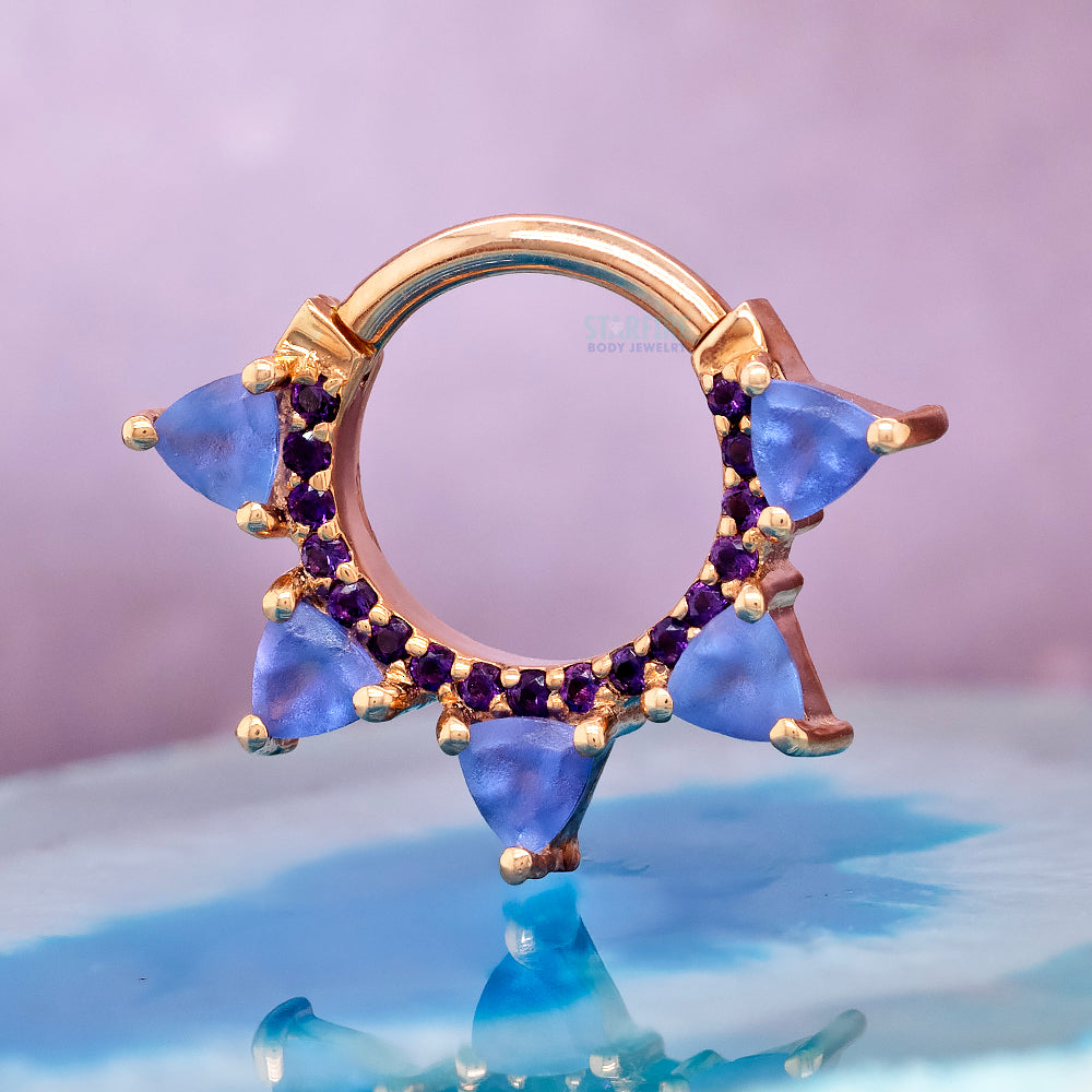 "Alpha" Hinge Ring in Gold with Sandblasted Tanzanite & Amethyst