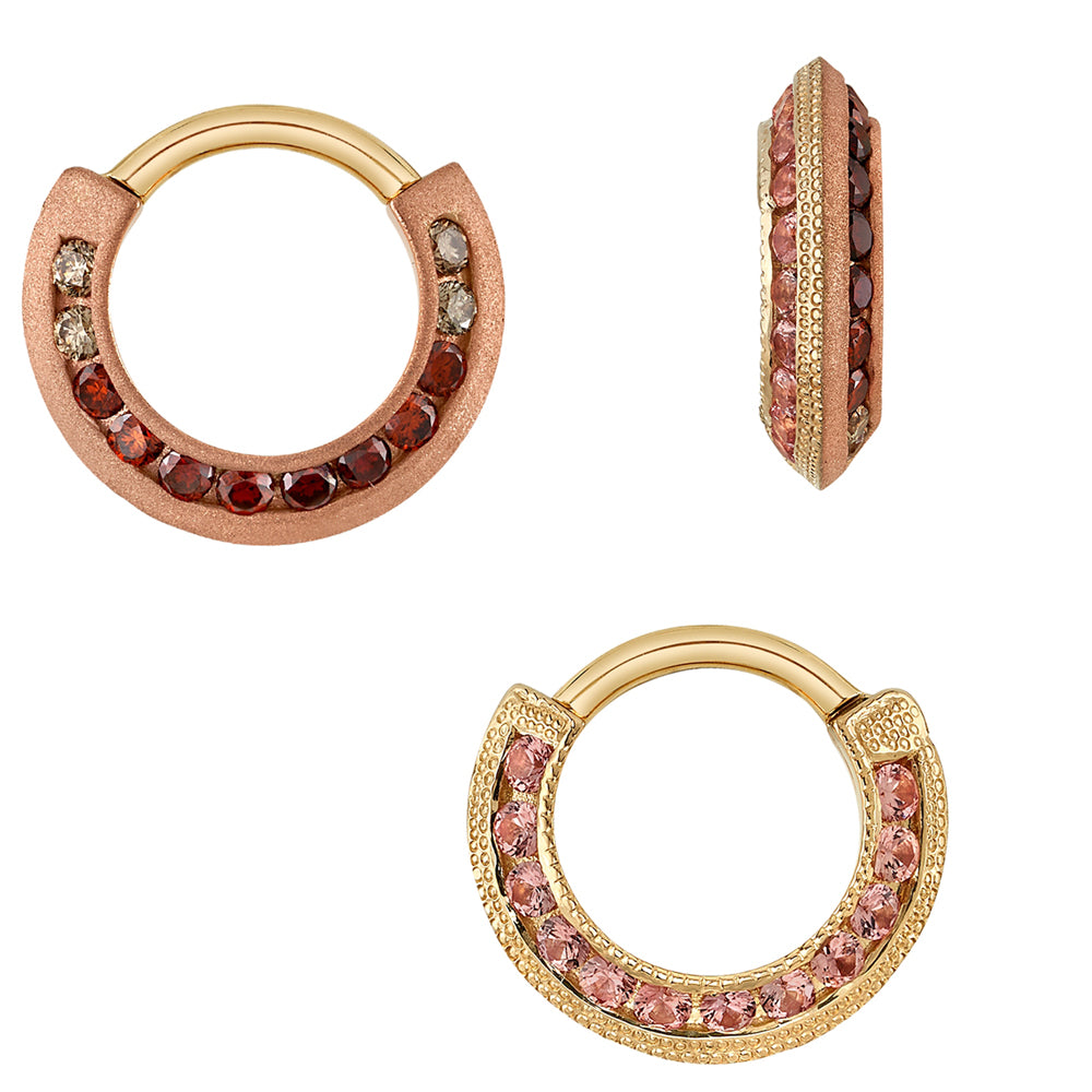 "Two-Tone Breathless" Hinge Ring in Gold with Champagne Sapphire, Champagne Diamond, Orange Cognac Diamond & Red Diamonds