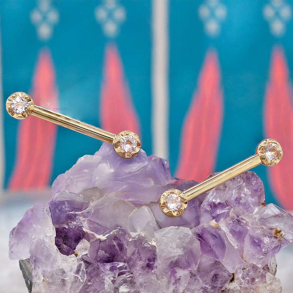 "Tulip Bell" Forward Facing Nipple Barbells in Gold with Morganite