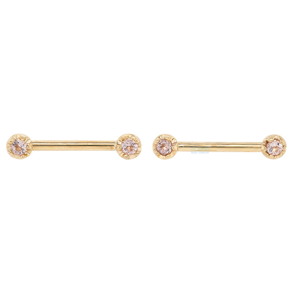 "Tulip Bell" Forward Facing Nipple Barbells in Gold with Morganite