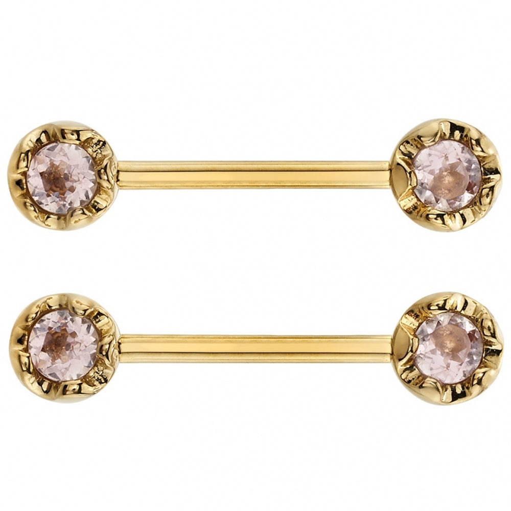 "Tulip Bell" Forward Facing Nipple Barbells in Gold with Morganite