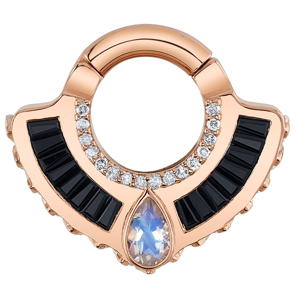 "Halo! Halo!" Hinge Ring in Gold with Faceted Rainbow Moonstone, Grey Diamond & Onyx