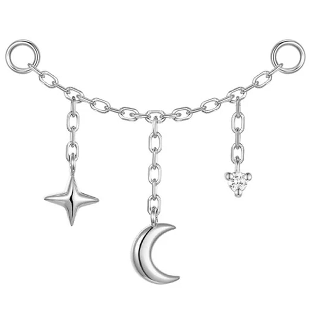 A white gold chain attachment featuring three dangling charms: a four-pointed star, a crescent moon, and a small diamond, displayed on a clean white background.