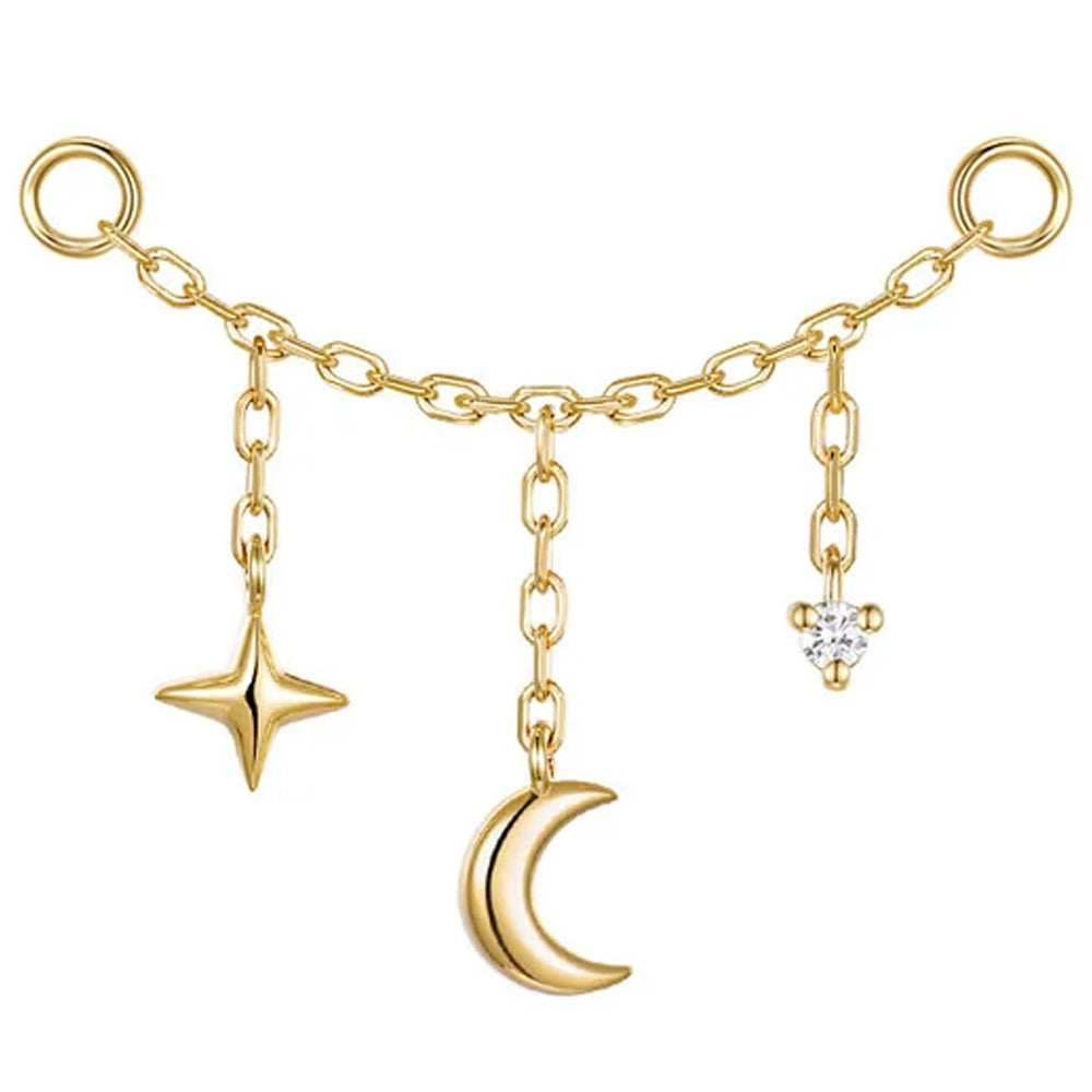 A yellow gold chain attachment featuring dangling charms of a four-pointed star, a crescent moon, and a small diamond, set against a plain white background.