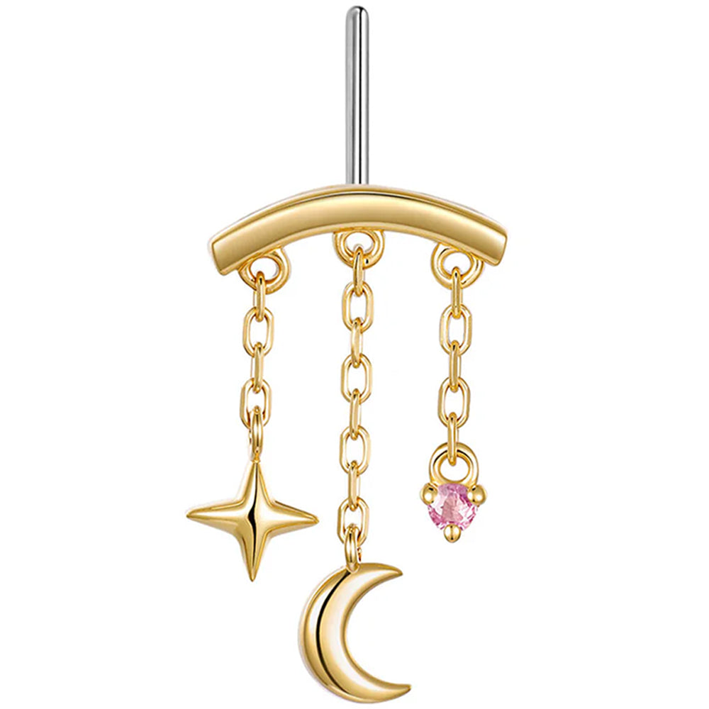 threadless: Vertical "Cassiopeia" Hidden Helix End with Chains in Gold with Genuine Gemstone