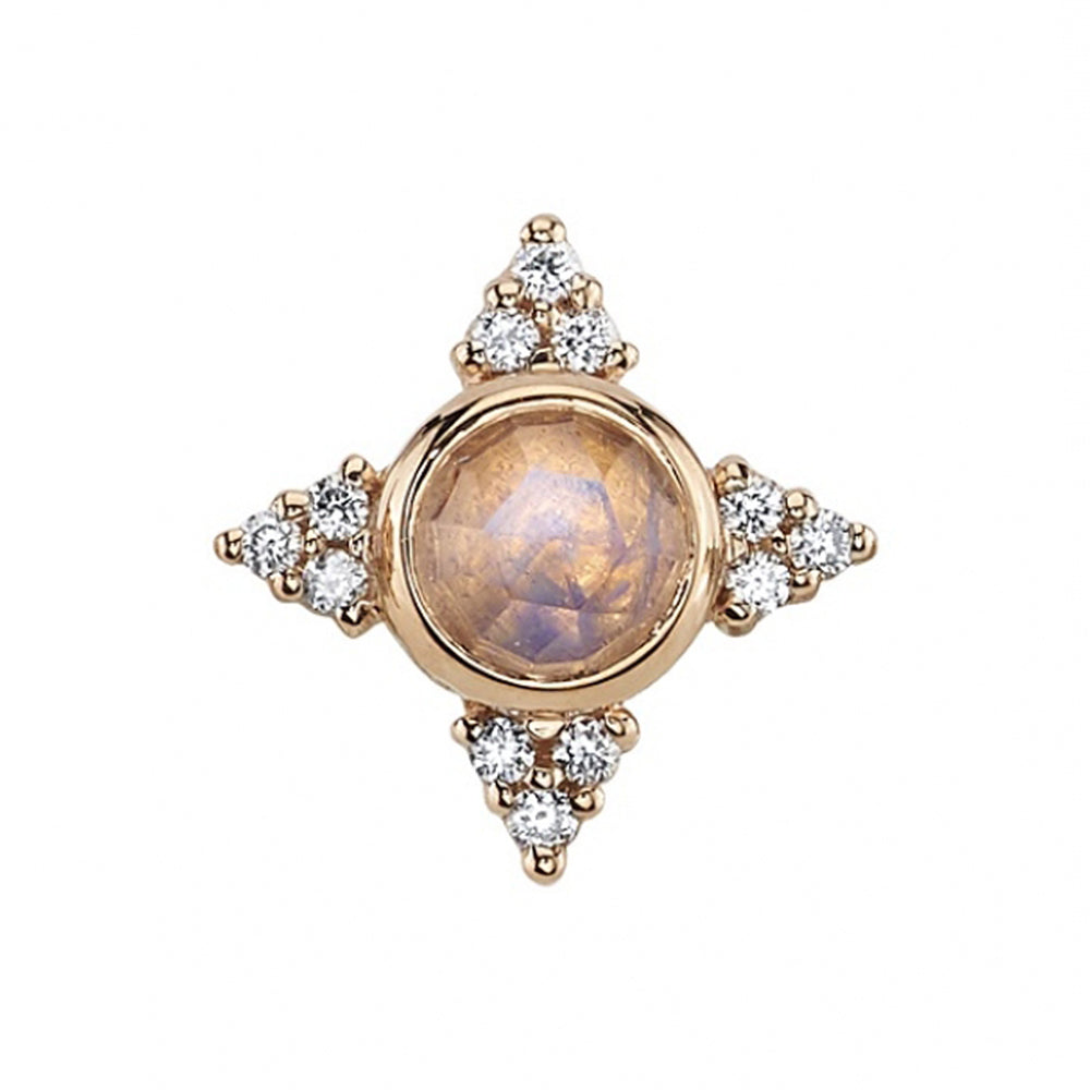 "Desimone" Threaded End in Gold with Rose Cut Rainbow Moonstone & White CZ's