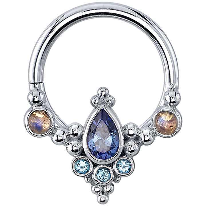 "Colada" Hinge Ring in Gold & Platinum with Tanzanite, Ice Blue Topaz & Rainbow Moonstones