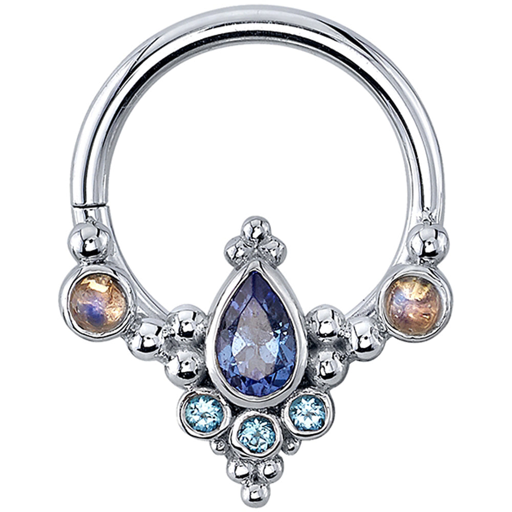 "Colada" Seam Ring in Gold with Tanzanite, Ice Blue Topaz & Rainbow Moonstones