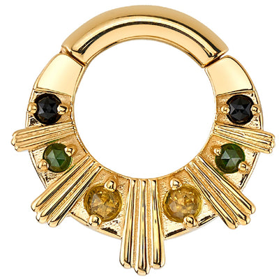 "Azval XL" Hinge Ring in Gold with Rose Cut Peridot, Green Tourmaline & Onyx