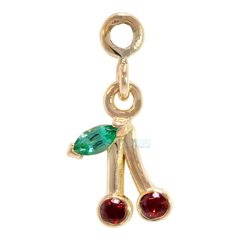Mini Cherries Charm in Gold with Emerald & Garnet