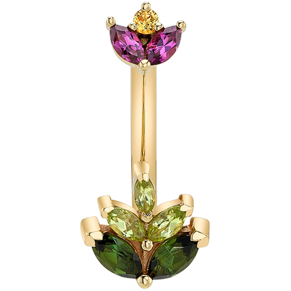 "Fauna" Navel J Curve in Gold & Platinum with Rhodolite, Yellow Sapphire, Green Tourmaline & Peridot